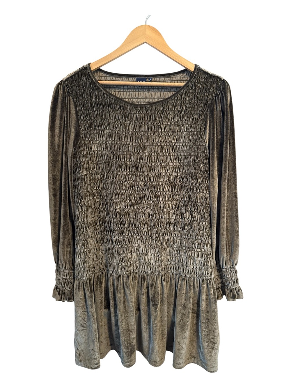 Kaari Blue Olive Crushed Velvet Smocked Long Sleeve Whimsigoth Mini Dress